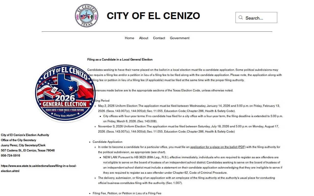 El Cenizo, Webb County official city contact page for city-clerk records-routing context.